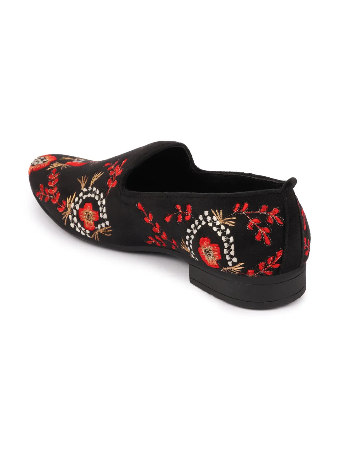 Men Red Embroidery Floral Print Velvet Party Slip On Loafers Shoes