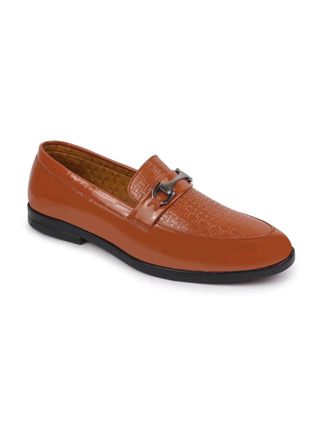 Men Tan Patent Leather Party/Formal Horsebit Slip On Shoes with Textured Details