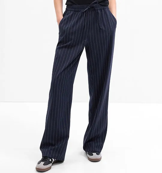 Mid Rise Easy Wide-Leg Twill Pants Navy Stripe