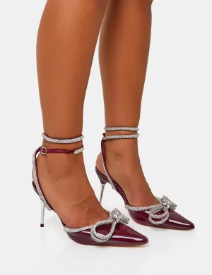 Midnight Burgundy Patent Wrap Around Diamante Pointed Court Mid Heel