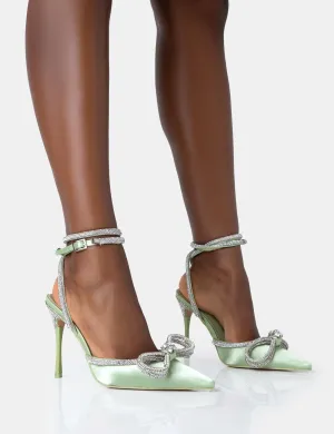 Midnight Sage Satin Wrap Around Diamante Bow Pointed Toe High Heels