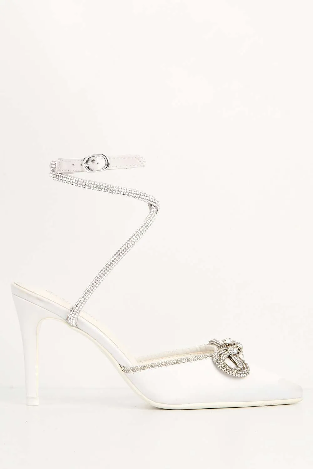 Natalie Pointed Toe Diamante Bow & Strap Court Shoe Heel in Ivory