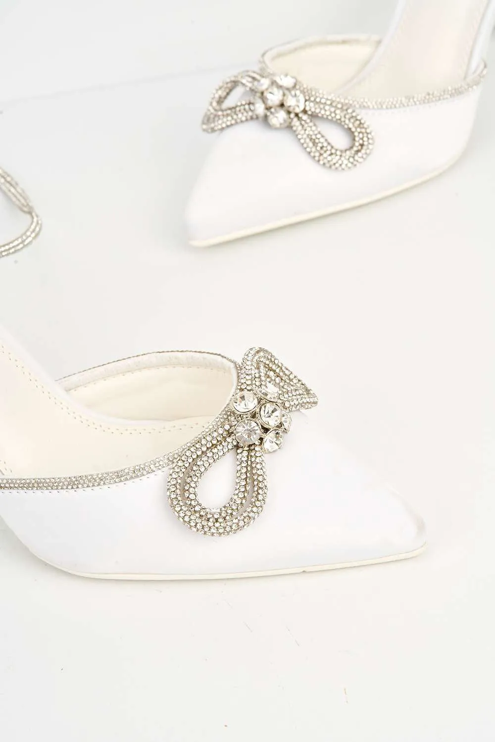 Natalie Pointed Toe Diamante Bow & Strap Court Shoe Heel in Ivory