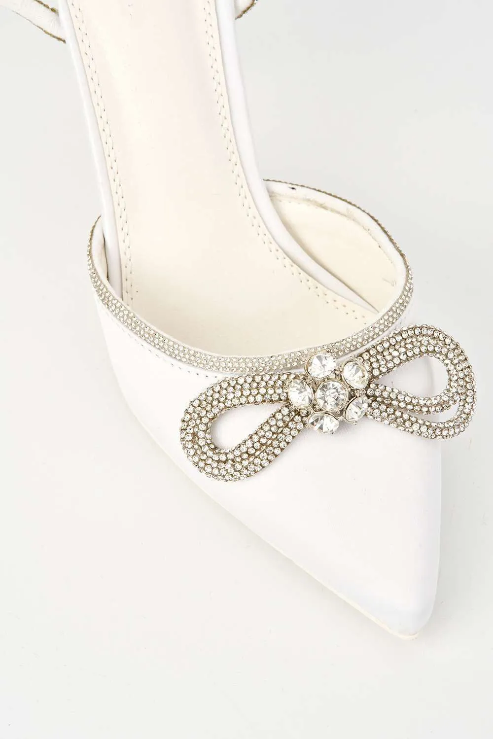 Natalie Pointed Toe Diamante Bow & Strap Court Shoe Heel in Ivory