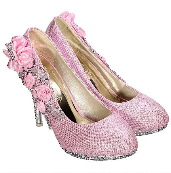 New Design Women Girl Wedding Pumps Bridal Glitter Fake Crystal Rose Flower Evening Bridal Shoes Party 8cm High Heel Court Shoes