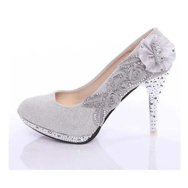 New Design Women Girl Wedding Pumps Bridal Glitter Fake Crystal Rose Flower Evening Bridal Shoes Party 8cm High Heel Court Shoes