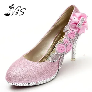 New Design Women Girl Wedding Pumps Bridal Glitter Fake Crystal Rose Flower Evening Bridal Shoes Party 8cm High Heel Court Shoes