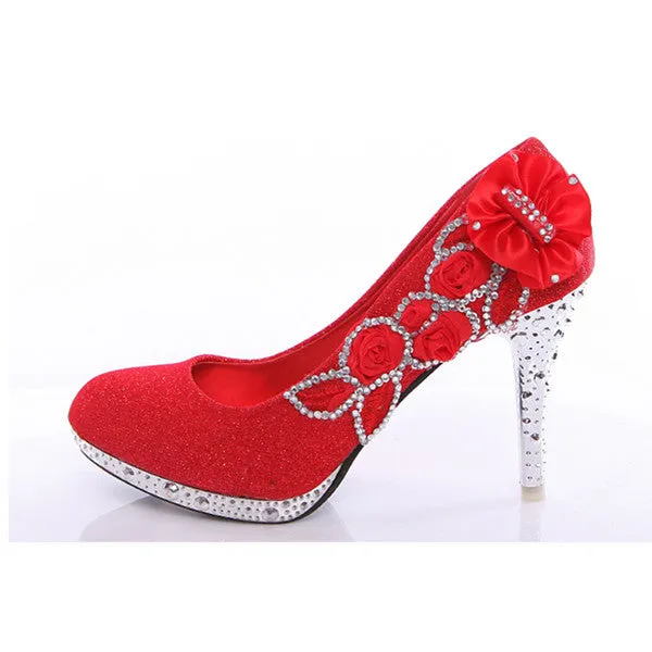 New Design Women Girl Wedding Pumps Bridal Glitter Fake Crystal Rose Flower Evening Bridal Shoes Party 8cm High Heel Court Shoes