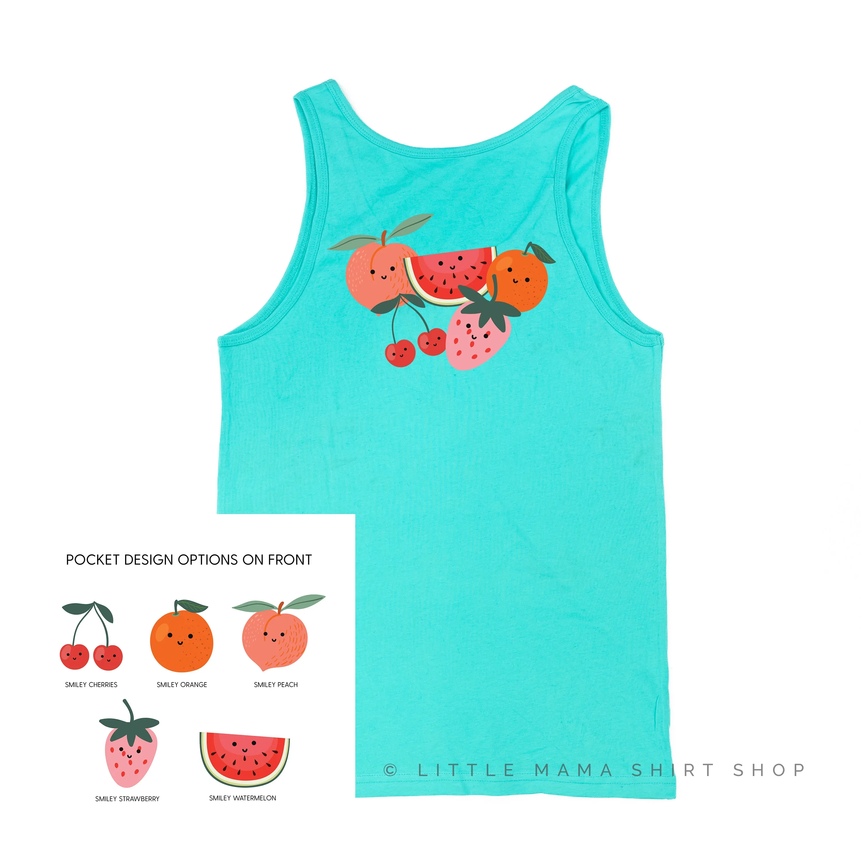 Pocket Fruit (Front) w/ Group of Smiley Fruit (Back) - Unisex Jersey Tank