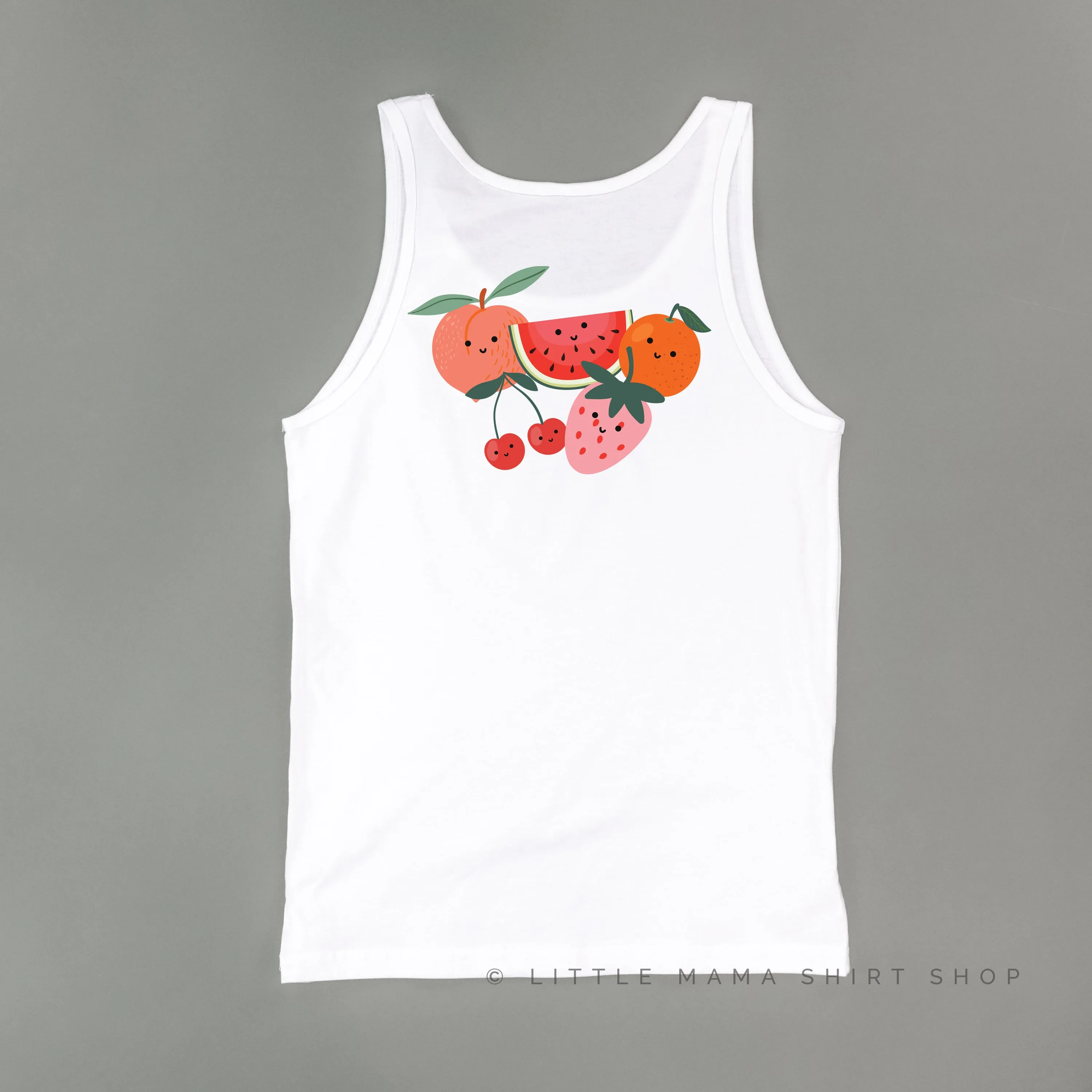 Pocket Fruit (Front) w/ Group of Smiley Fruit (Back) - Unisex Jersey Tank