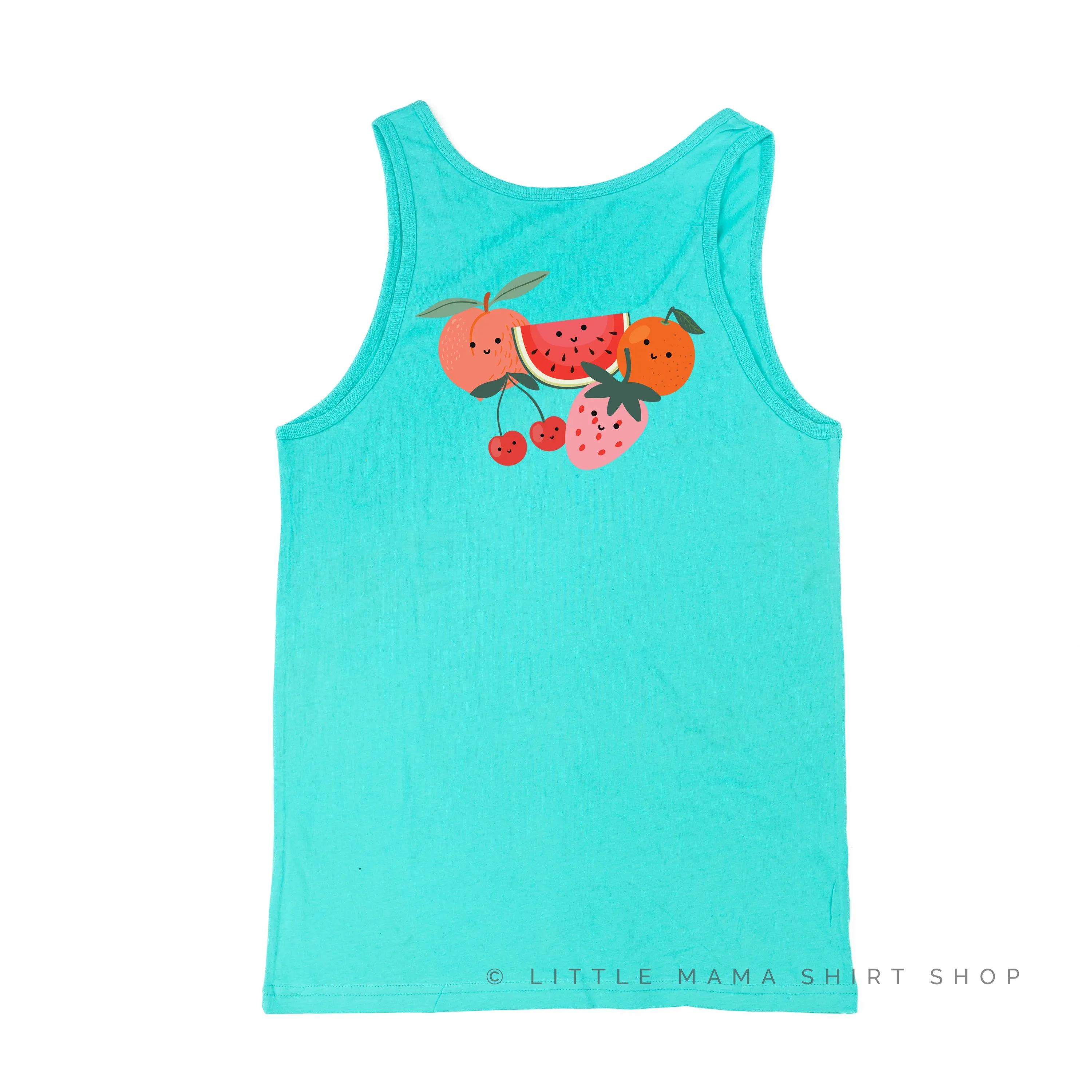 Pocket Fruit (Front) w/ Group of Smiley Fruit (Back) - Unisex Jersey Tank