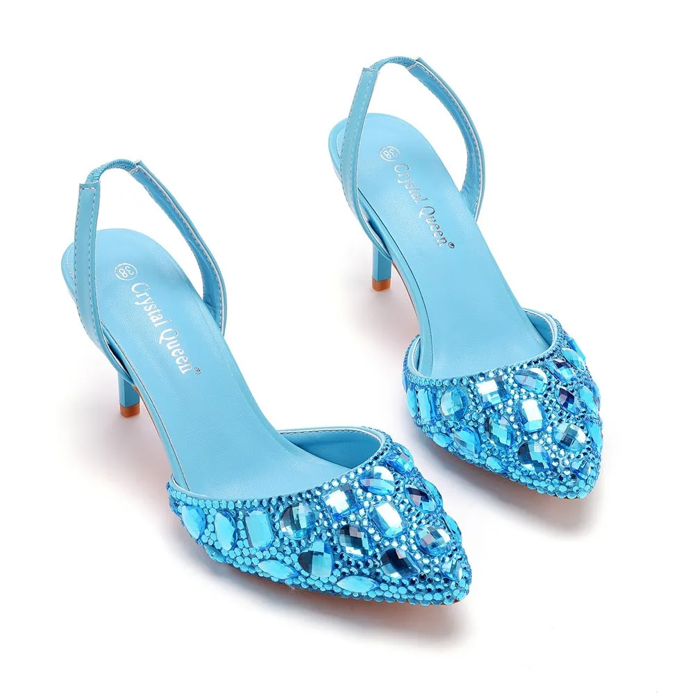 Pointed Toe Fashionable Rhinestone Decor Slingback High Heels