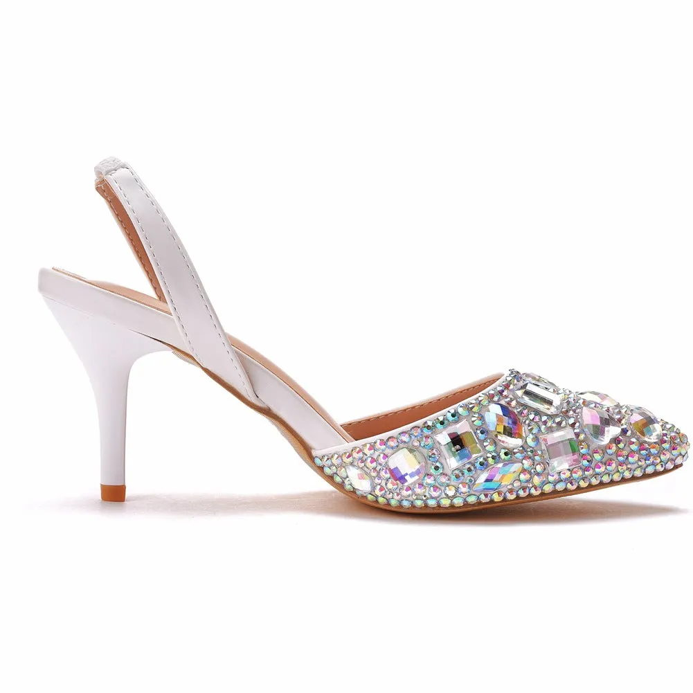 Pointed Toe Fashionable Rhinestone Decor Slingback High Heels