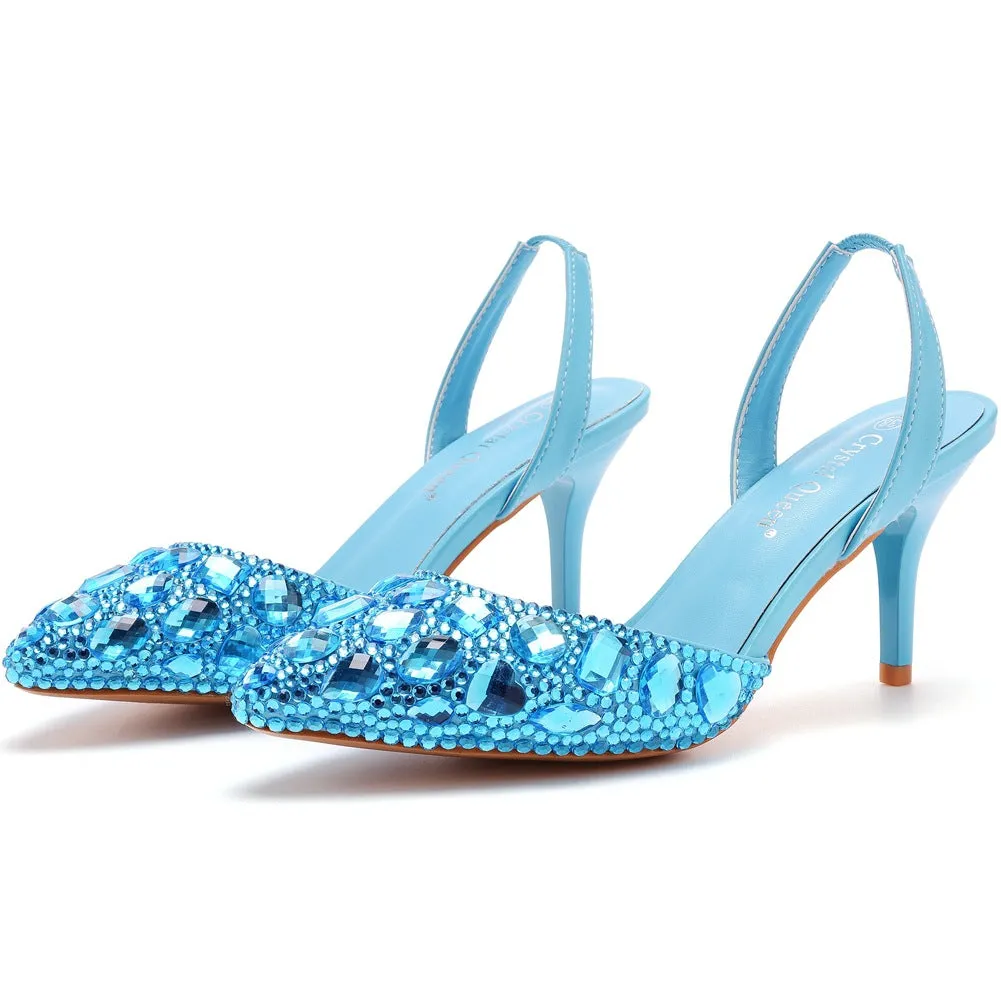 Pointed Toe Fashionable Rhinestone Decor Slingback High Heels