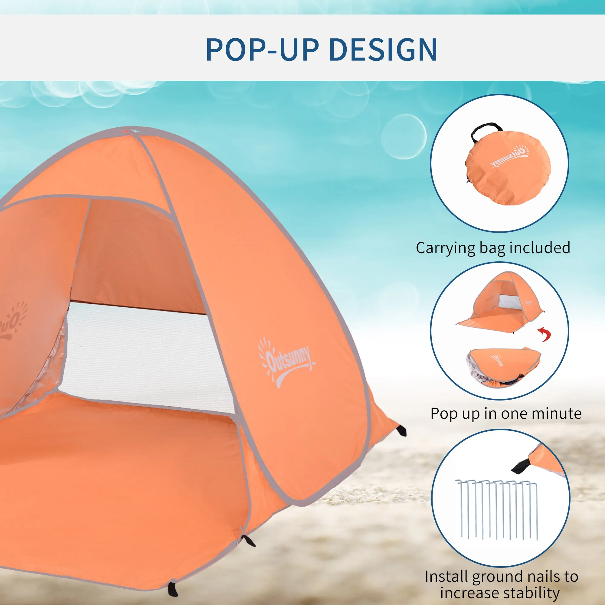 Pop-up Portable Beach Tent Hiking UV Protection Patio Sun Shade Shelter Tent of 2 Person-Orange