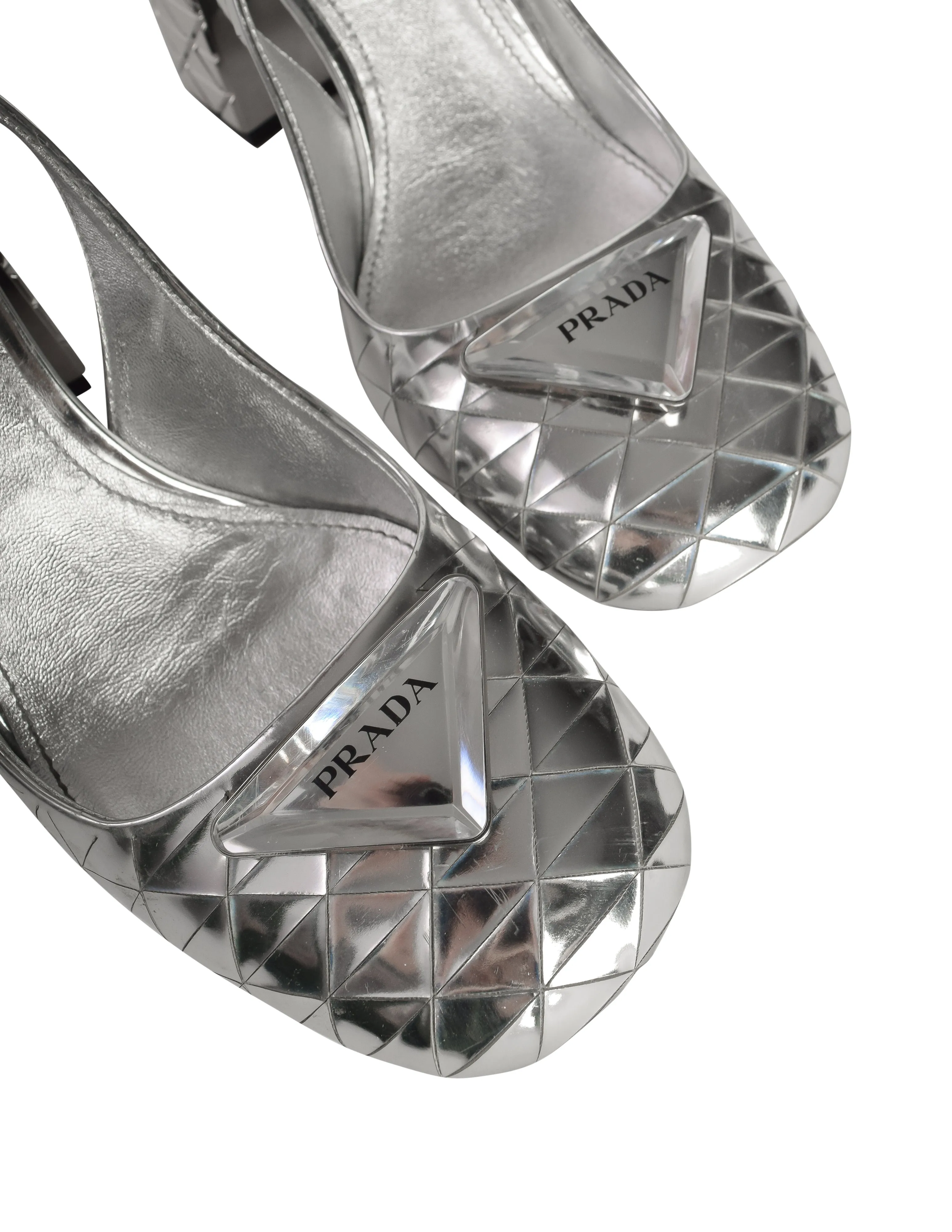 Prada 2022 Metallic Silver Leather Triangle Inlay Mirrored Square Toe Slingback Block Heels