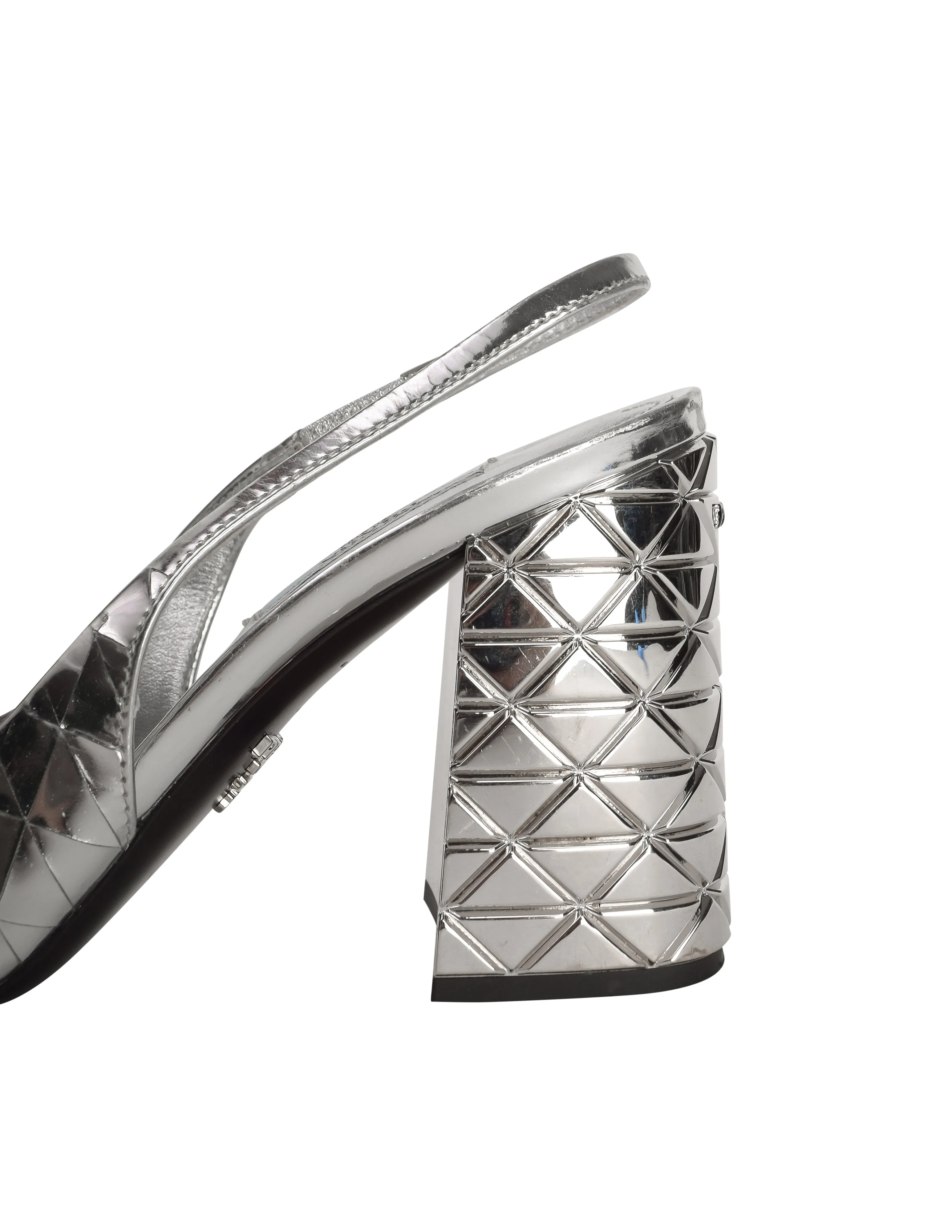 Prada 2022 Metallic Silver Leather Triangle Inlay Mirrored Square Toe Slingback Block Heels