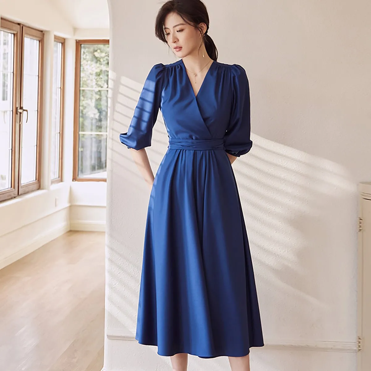 Puff Sleeve Navy Wrap Midi Dress