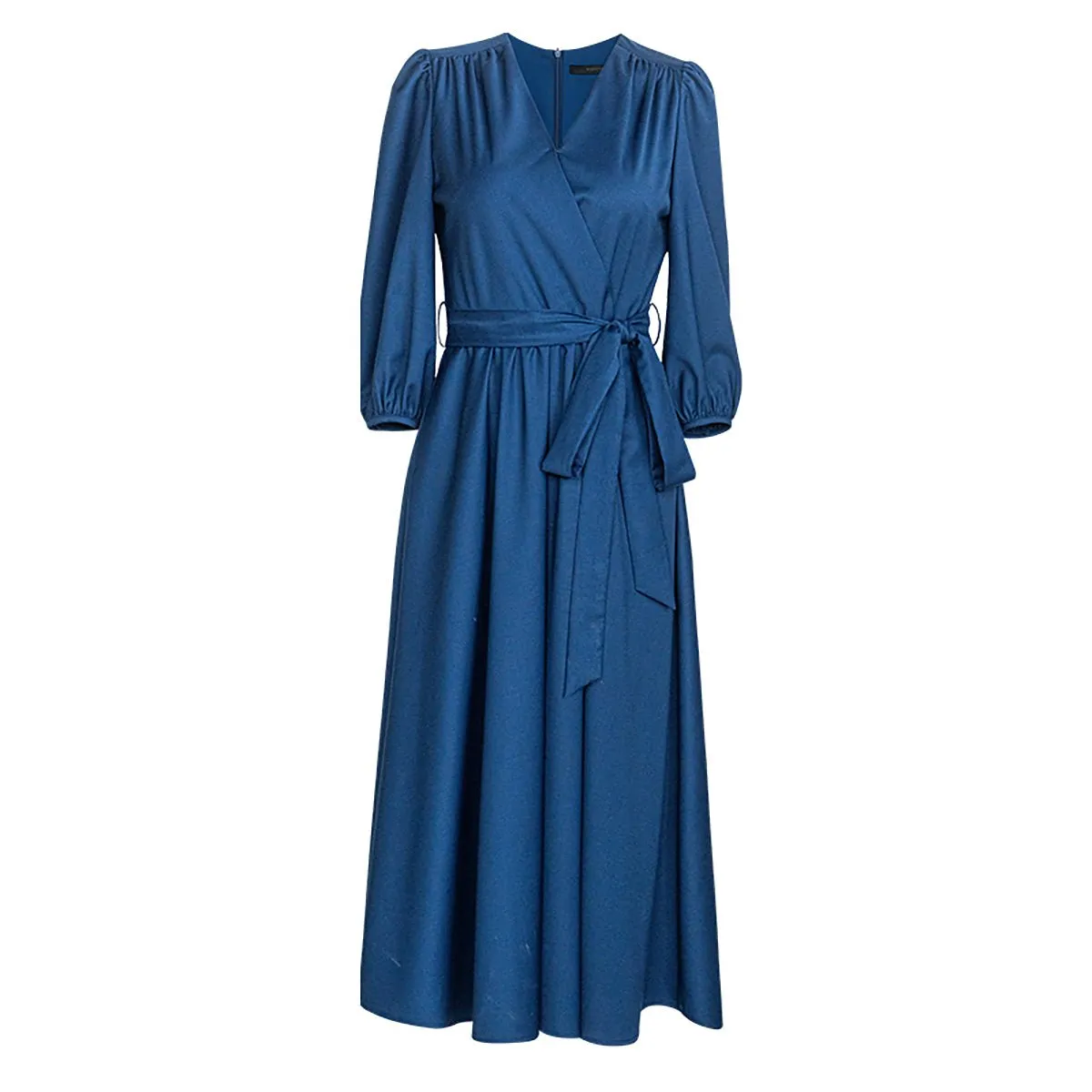 Puff Sleeve Navy Wrap Midi Dress