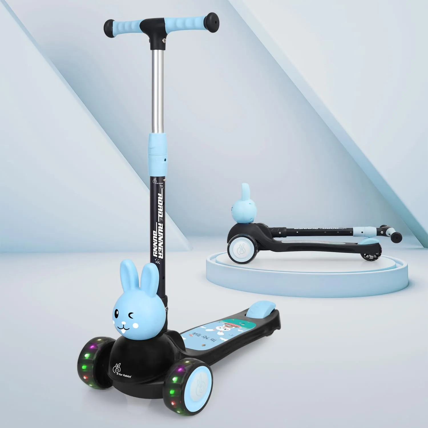 R for Rabbit Road Runner Bunny Kids Scooter, 3 Level Adjustable Height, Smart Fold & PU LED Wheels Kick Scooter with Brake for 3  Years Kids, Weight Capacity Upto 75kgs|6 Months Warranty|(Black Blue)