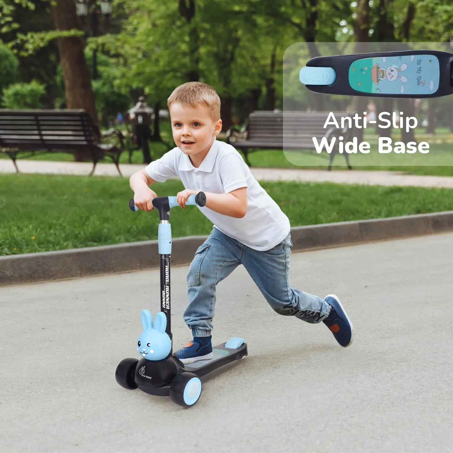 R for Rabbit Road Runner Bunny Kids Scooter, 3 Level Adjustable Height, Smart Fold & PU LED Wheels Kick Scooter with Brake for 3  Years Kids, Weight Capacity Upto 75kgs|6 Months Warranty|(Black Blue)