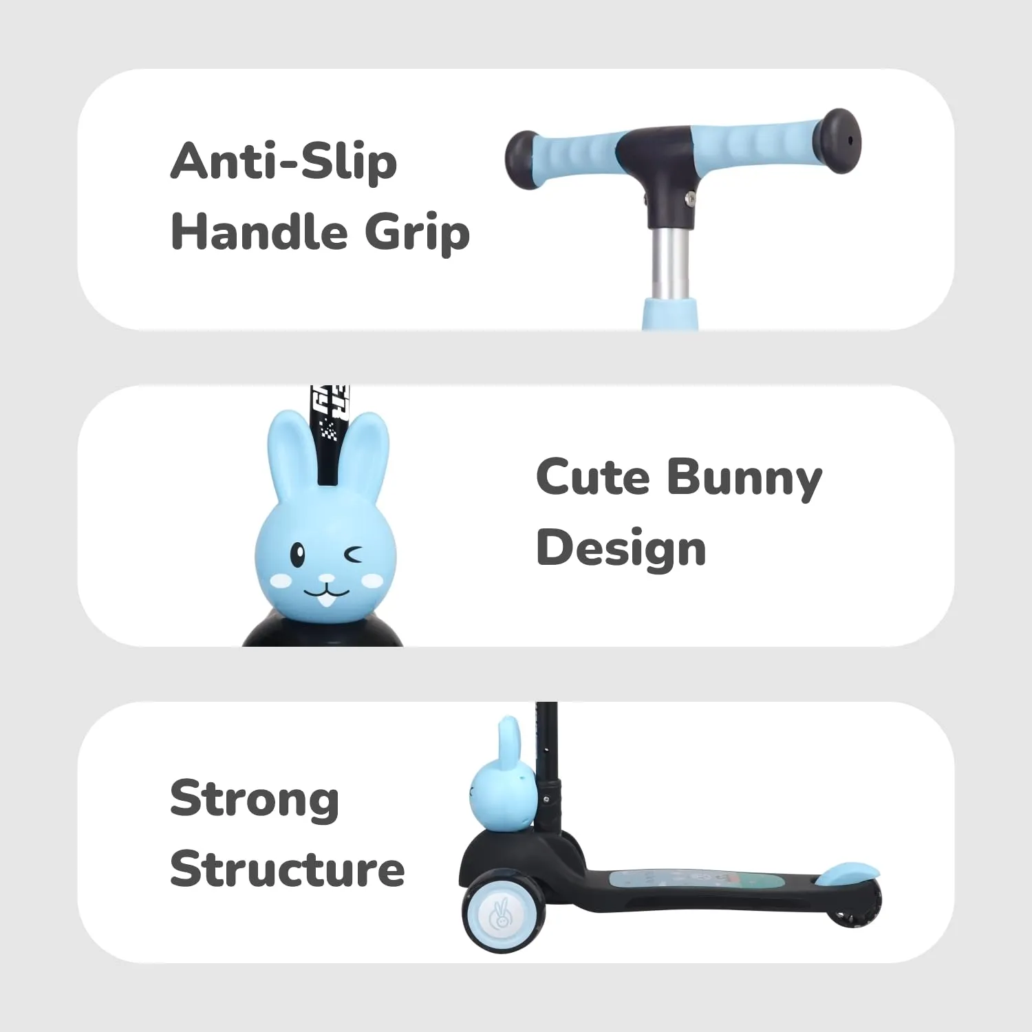 R for Rabbit Road Runner Bunny Kids Scooter, 3 Level Adjustable Height, Smart Fold & PU LED Wheels Kick Scooter with Brake for 3  Years Kids, Weight Capacity Upto 75kgs|6 Months Warranty|(Black Blue)