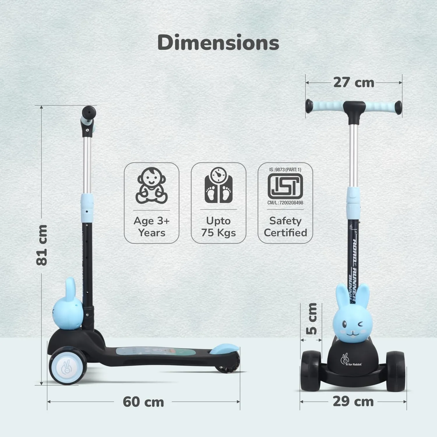 R for Rabbit Road Runner Bunny Kids Scooter, 3 Level Adjustable Height, Smart Fold & PU LED Wheels Kick Scooter with Brake for 3  Years Kids, Weight Capacity Upto 75kgs|6 Months Warranty|(Black Blue)