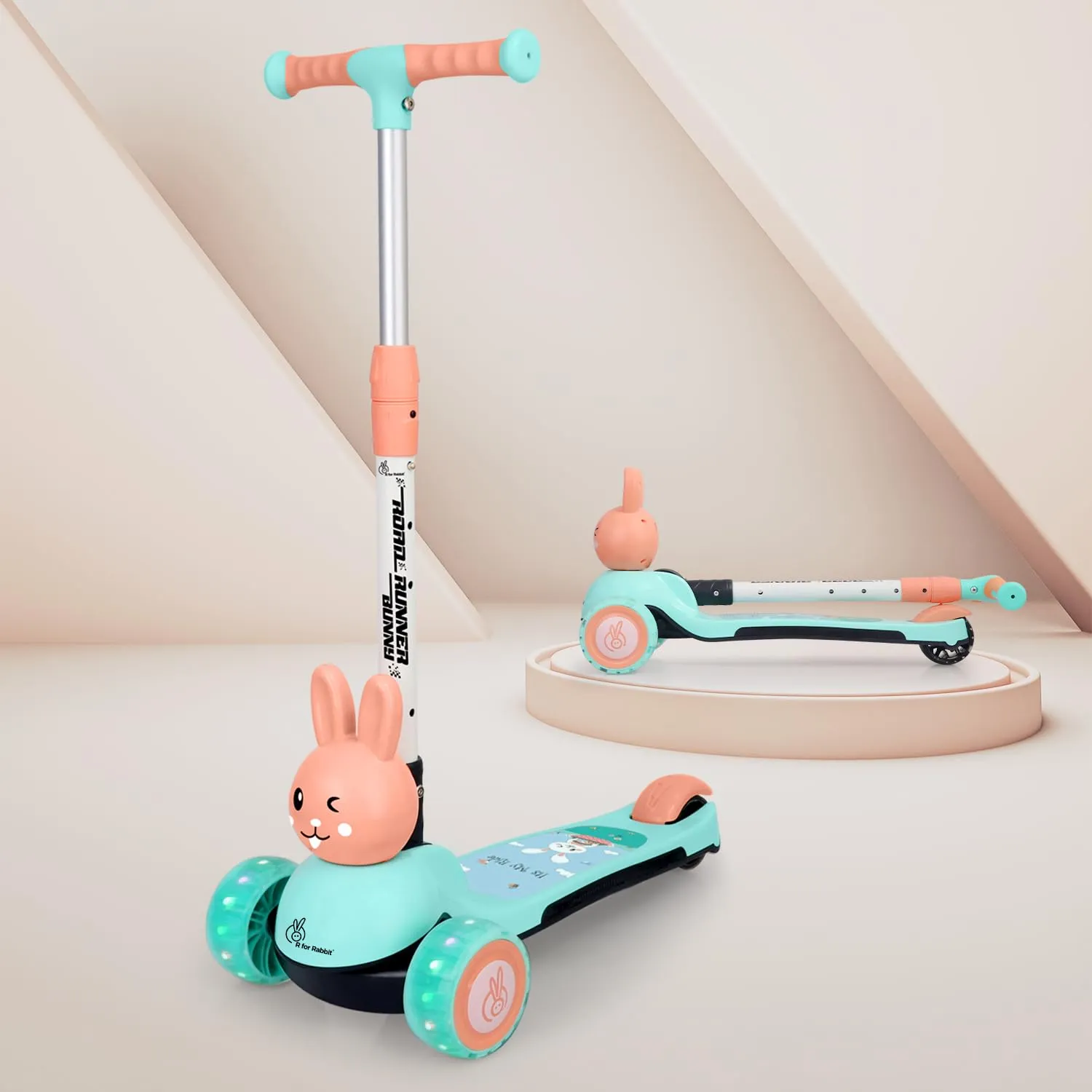 R for Rabbit Road Runner Bunny Kids Scooter, 3 Level Adjustable Height, Smart Fold & PU LED Wheels Kick Scooter with Brake for 3  Years Kids, Weight Capacity upto 75kgs|6 Months Warranty|(Green Peach)