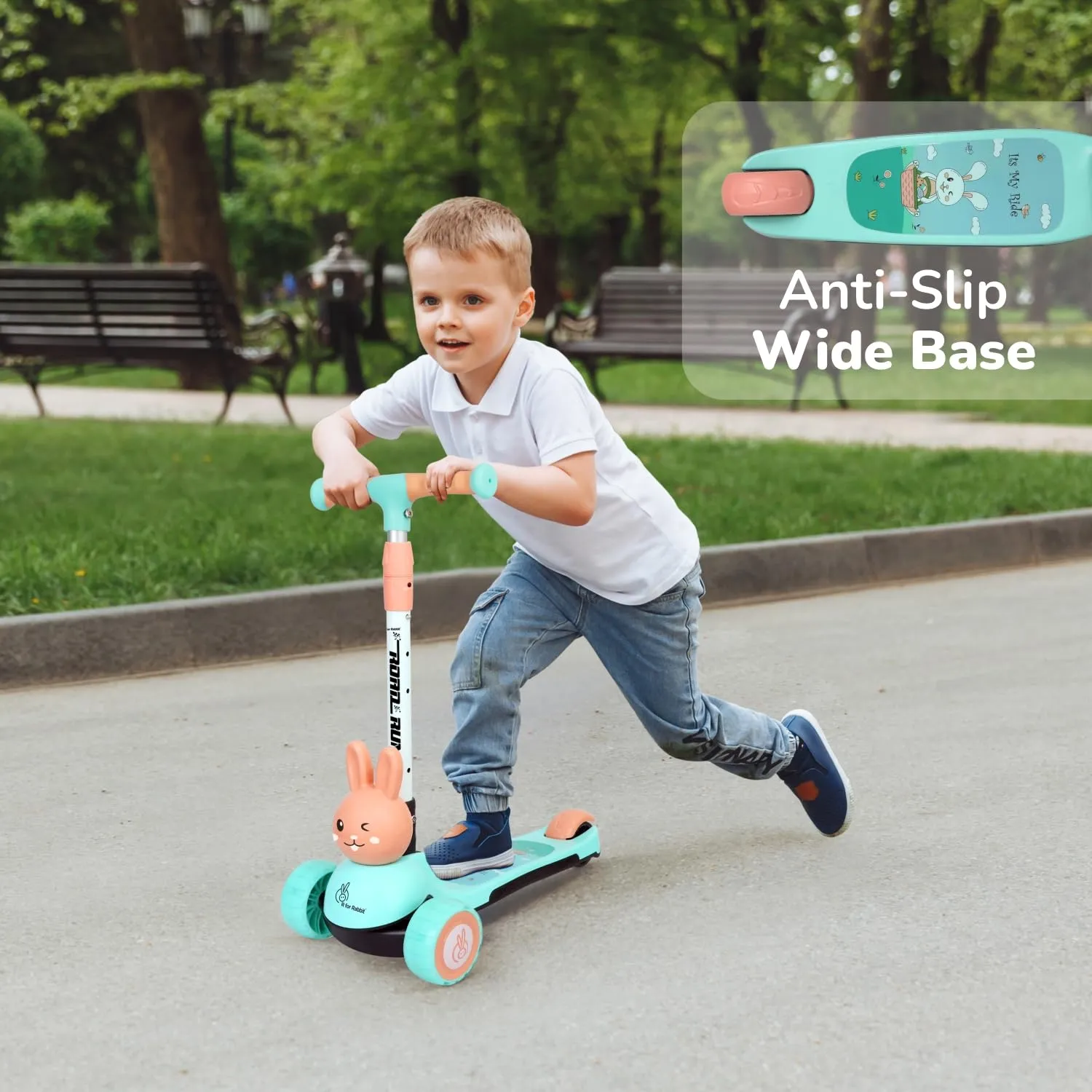 R for Rabbit Road Runner Bunny Kids Scooter, 3 Level Adjustable Height, Smart Fold & PU LED Wheels Kick Scooter with Brake for 3  Years Kids, Weight Capacity upto 75kgs|6 Months Warranty|(Green Peach)