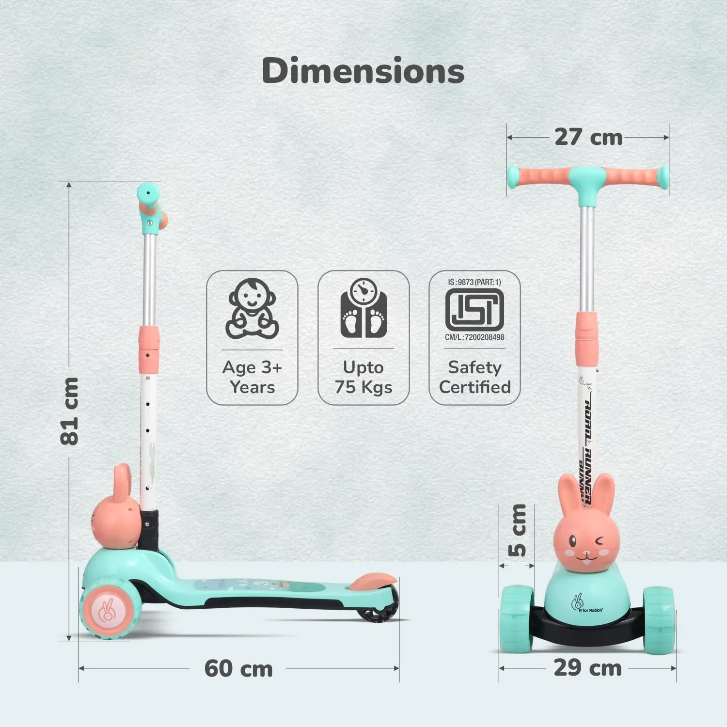 R for Rabbit Road Runner Bunny Kids Scooter, 3 Level Adjustable Height, Smart Fold & PU LED Wheels Kick Scooter with Brake for 3  Years Kids, Weight Capacity upto 75kgs|6 Months Warranty|(Green Peach)