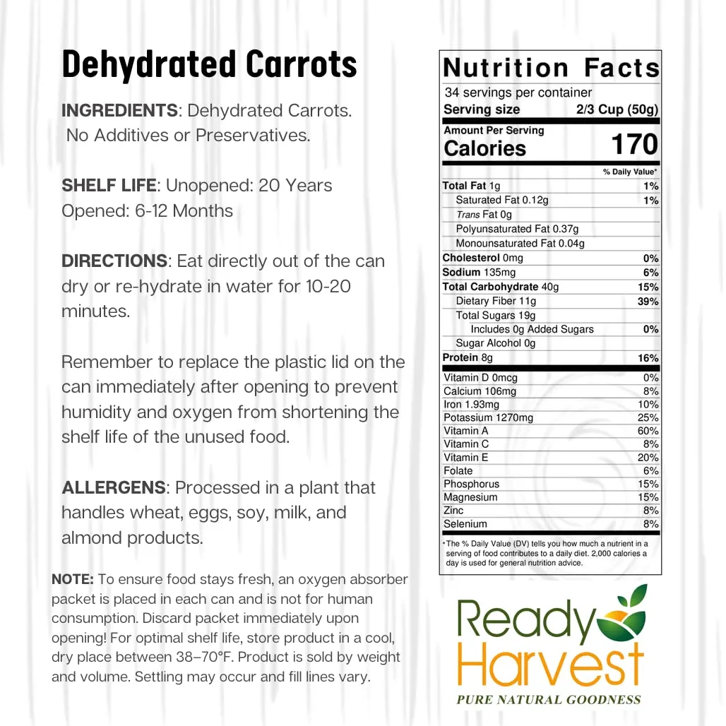 Ready Harvest Dehydrated Carrots - 25 Year Shelf Life - Six #10 Cans