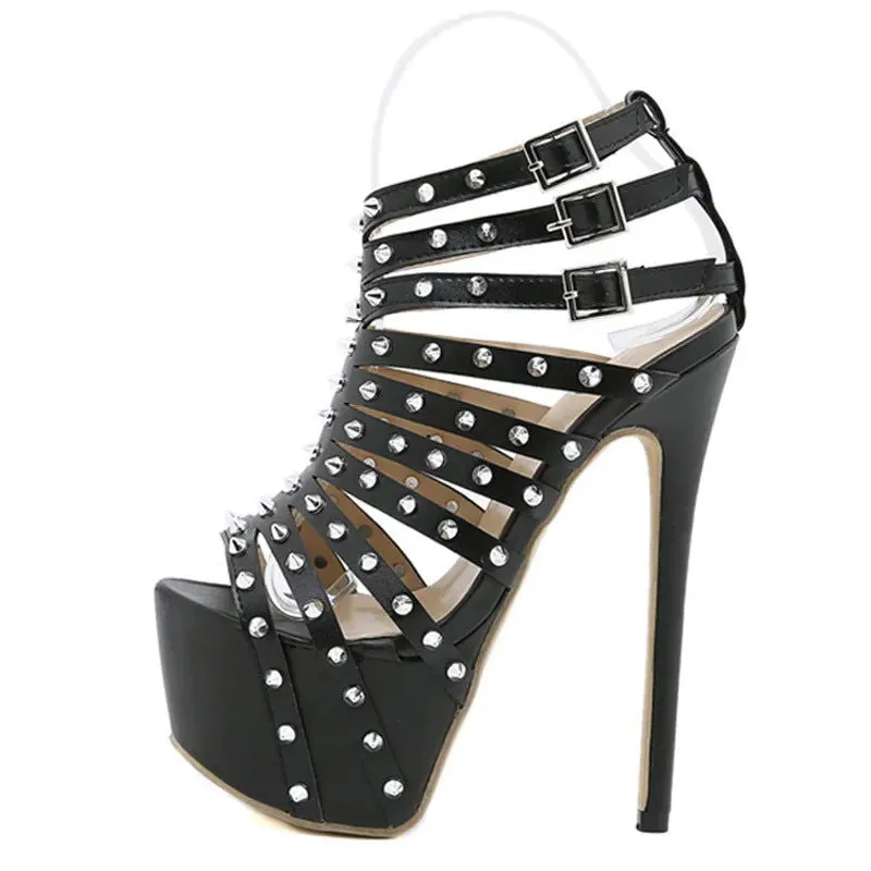 Rivet Strap Details Peep Toe Super High Heels Platform Sandals