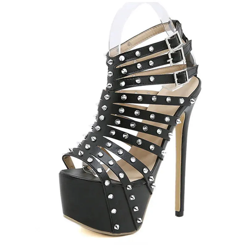 Rivet Strap Details Peep Toe Super High Heels Platform Sandals