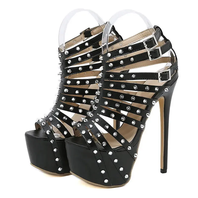 Rivet Strap Details Peep Toe Super High Heels Platform Sandals