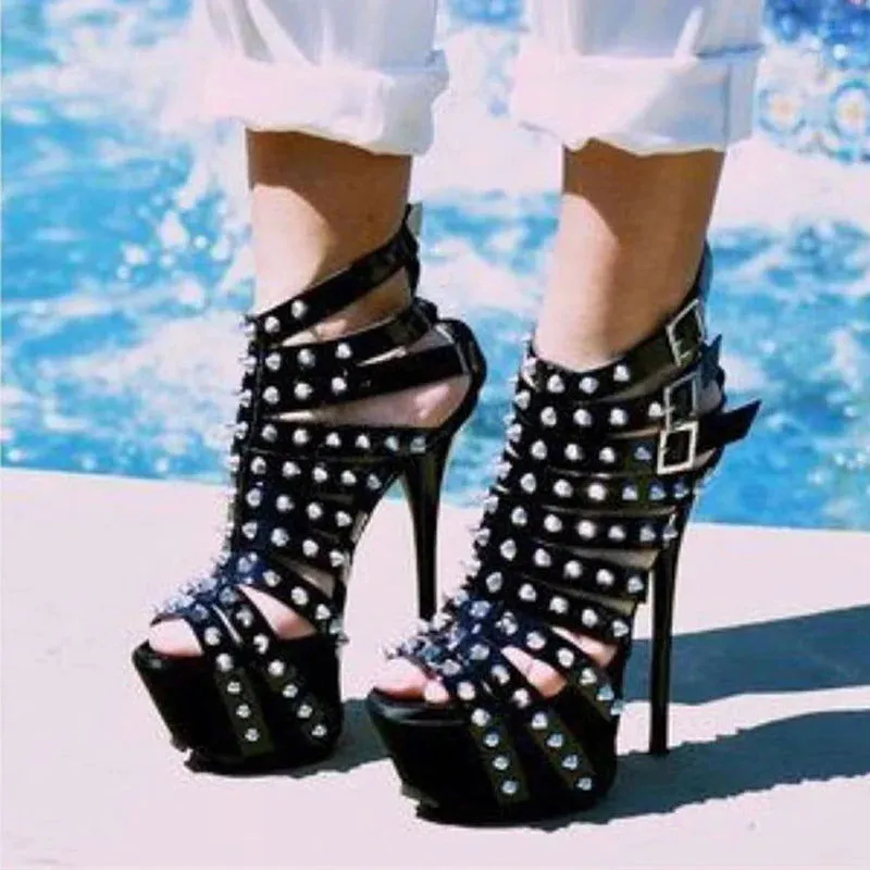 Rivet Strap Details Peep Toe Super High Heels Platform Sandals