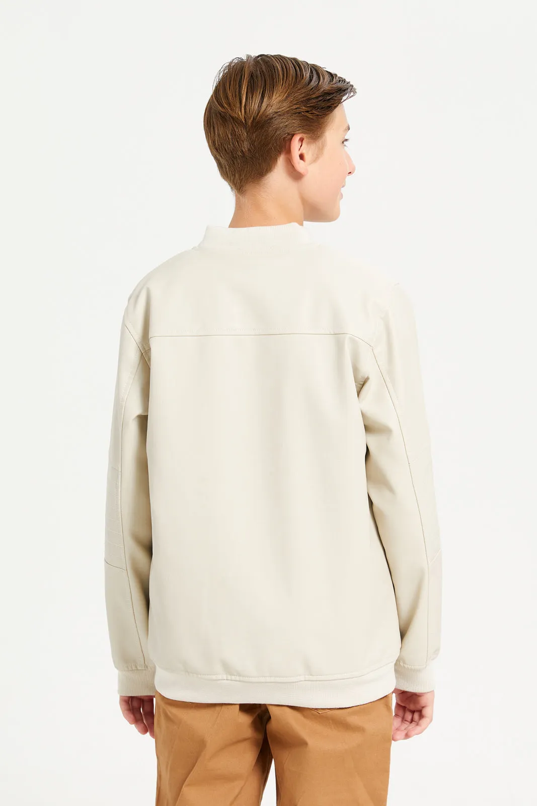 Senior Boys Beige Plain Leather Jacket