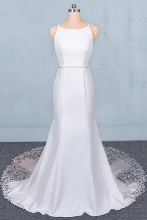 Simple Mermaid Sleeveless Wedding Dress with Lace, Backless Bridal Dress UQ2355