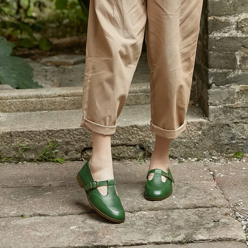 Soft Leather Flat T Strap Mary Jane Shoes Handmade in Green/Brown