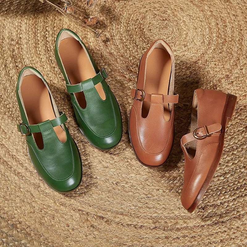 Soft Leather Flat T Strap Mary Jane Shoes Handmade in Green/Brown