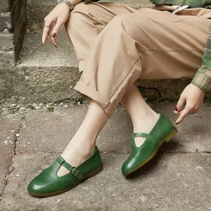 Soft Leather Flat T Strap Mary Jane Shoes Handmade in Green/Brown