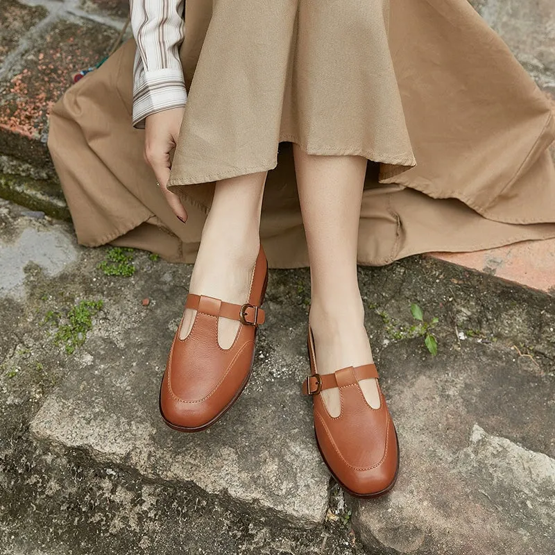 Soft Leather Flat T Strap Mary Jane Shoes Handmade in Green/Brown