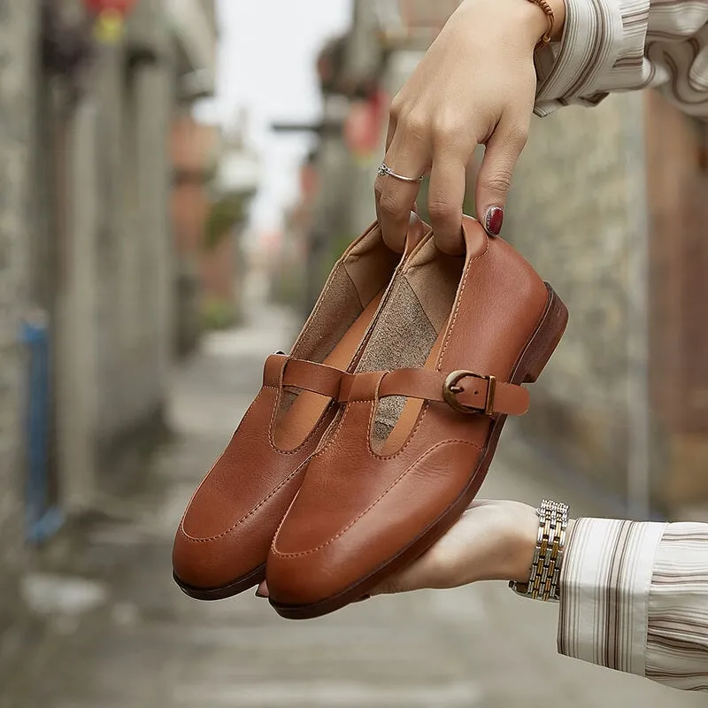 Soft Leather Flat T Strap Mary Jane Shoes Handmade in Green/Brown