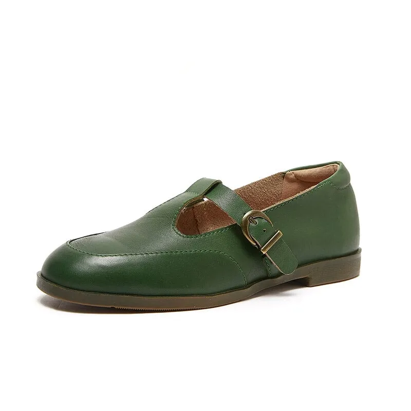 Soft Leather Flat T Strap Mary Jane Shoes Handmade in Green/Brown