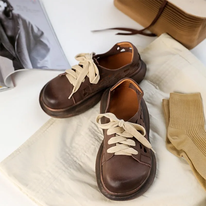 Soft Leather Lace-Up Casual Shoes Retro Platform Oxfords in Beige/Coffee