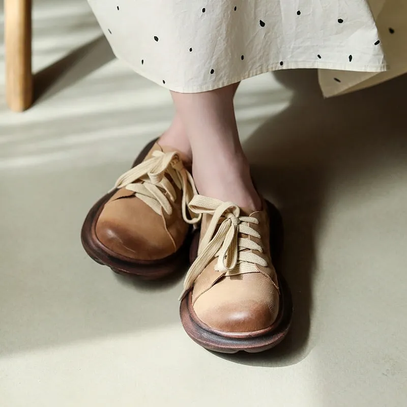 Soft Leather Lace-Up Casual Shoes Retro Platform Oxfords in Beige/Coffee