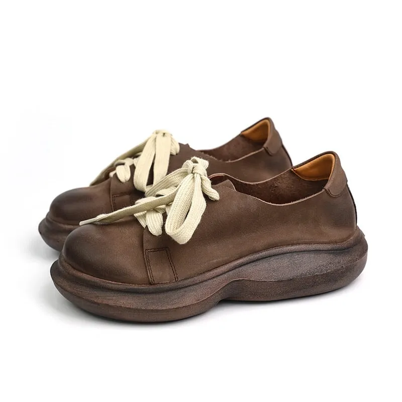 Soft Leather Lace-Up Casual Shoes Retro Platform Oxfords in Beige/Coffee