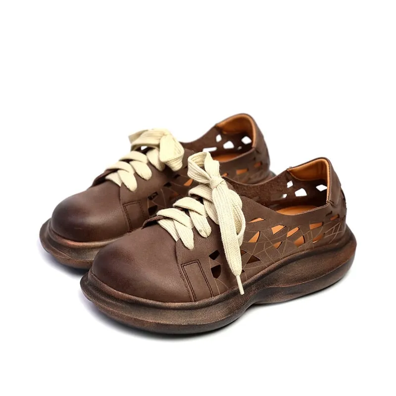 Soft Leather Lace-Up Casual Shoes Retro Platform Oxfords in Beige/Coffee