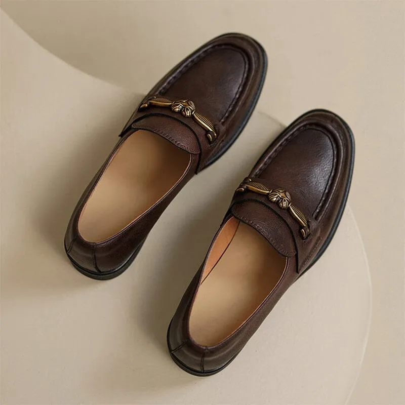 Soft Leather Loafers for Women with Metal Buckle in Coffee/Black