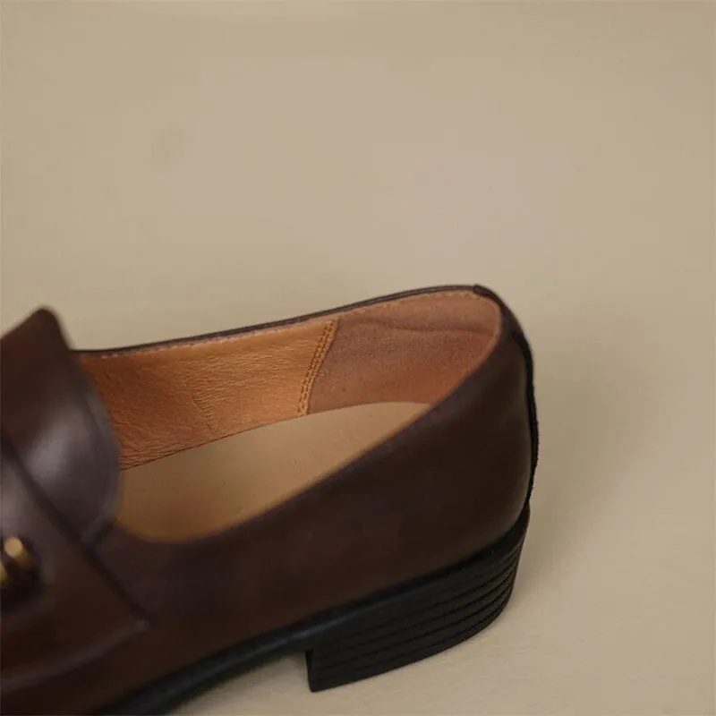 Soft Leather Loafers for Women with Metal Buckle in Coffee/Black