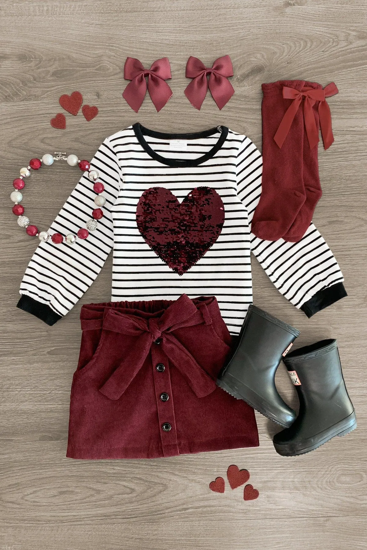 Striped Heart Burgundy Skirt Set